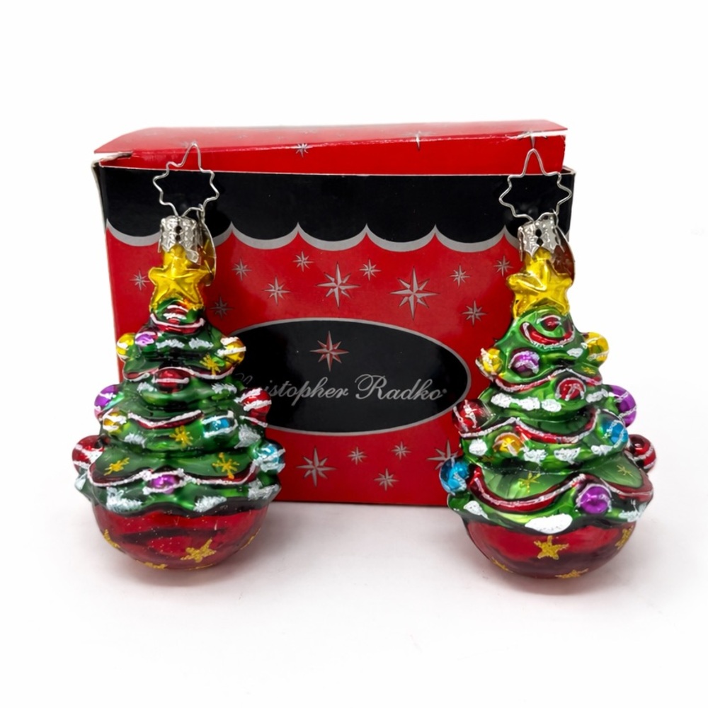 Christopher Radko Mini Glass Tree Ornaments Set 2 Hand Blown 3” w Box